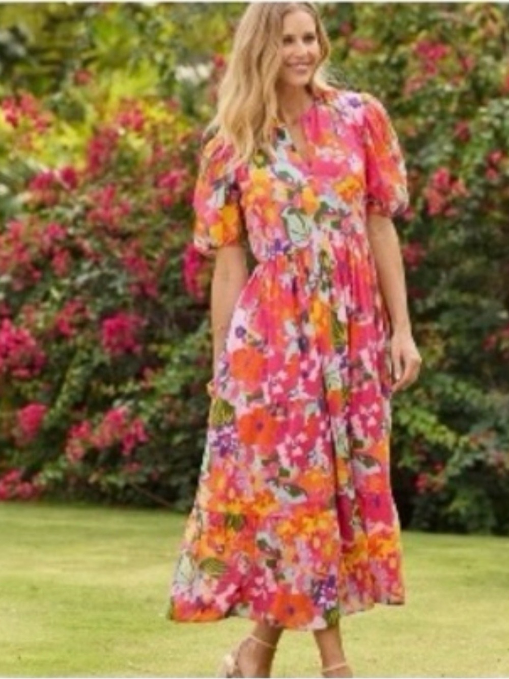 Jude Connally Jordana Garden Floral Cotton Tiered Maxi Dress Pink Orange Size M